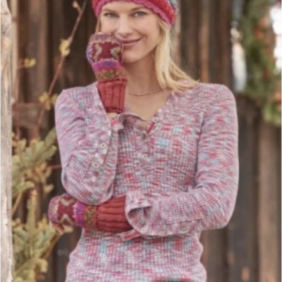 Sundance Create Beauty Henley Top Pink Blue Spacedye Ribbed Womens Medium - Picture 10 of 10